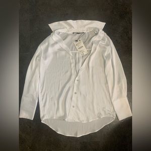 ZARA White Satin Button Up Blouse